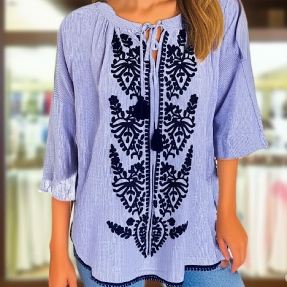 Victoria's Secret Blue Striped Oversized Embroidered Dolman Blouse Size Small